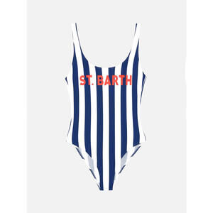 MC2 St. Barth Women's L Striped Navy Scoopback One-Piece Logo Designer